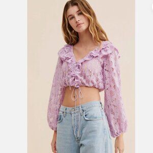 For Love & Lemons Tatiana Lavender Long Sleeve Crop Lace Blouse Top Size S